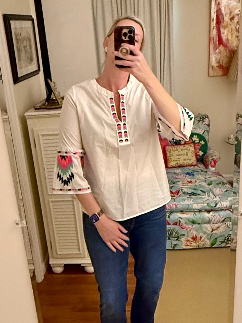 Vilagallo White Embroidered Tunic with Pink, Coral, Navy & Green Accents